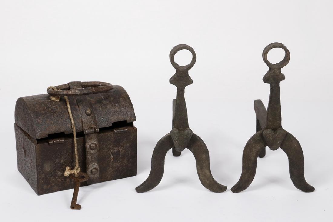 MINIATURE ANDIRONS & IRON CHEST (1 of 3)