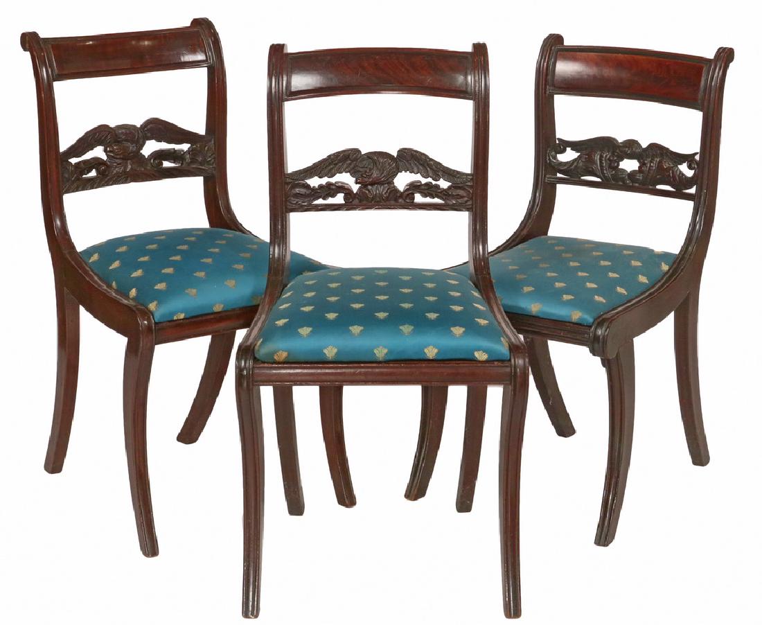 (SET OF 3) SIDE CHAIRS: Federal Period Saber Leg Side Chairs, Duncan Phyfe style, with carved eagle and cornucopia back splat, blue upholstered seats, 16" seats, 32" backs, 18" x 19- 1/2", very good condition.