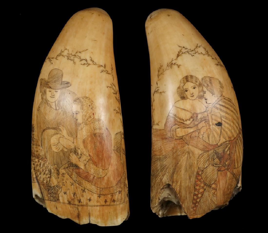 PAIR OF SCRIMSHAW WHALE'S TEETH: Both with Romantic Portraits of Couples, circa 1850. The couples on obverse and individual women on the reverse, all engraved in fine detail with red, green and black coloring on the obverse, black on