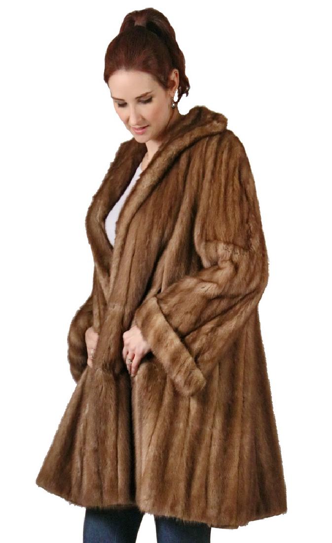 MINK COAT: Vintage Three-Quarter Length Light Brown Mink Coat by Annis Furs (New York and Detroit), with floral decorated cocoa brown silk lining, shawl collar and cuffed sleeves, 16" wide at shoulder, 36" long.