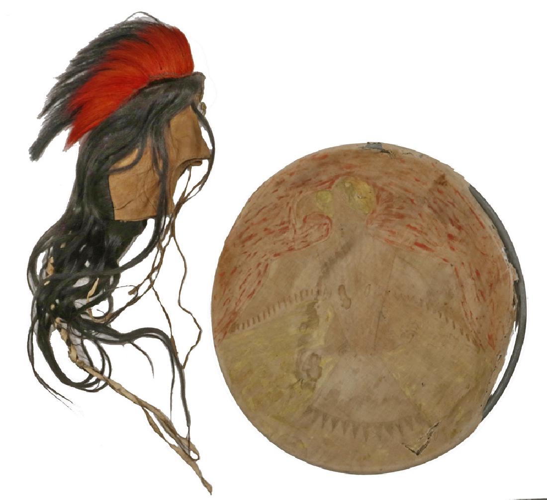 (2 ) PIECE NATIVE AMERICAN DANCE COSTUME: Including: Lakota Muslin Shield Cover painted with a Thunderbird, stretched over a later steel rod frame, 19" diam. Some tears and loss, fading and water stains; PLUS a Northern Plains Horsehair Roach