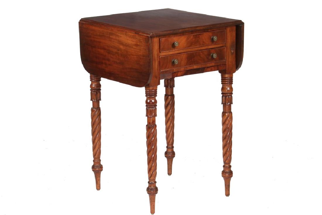SHERATON PERIOD SEWING STAND: Drop Leaf Work Stand in figured mahogany, having two drawers with brass button pulls, fabric bag frame concealed as lower trim to case, ring and twist turned legs ending in narrow taper. 29" x 18- 1/2