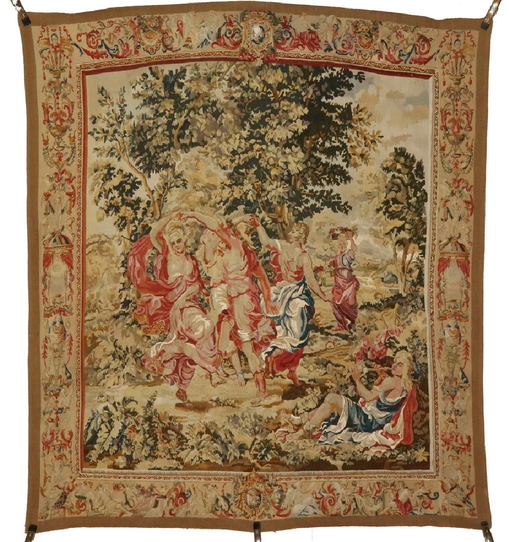 VENETIAN TAPESTRY: Three Graces Dancing to the Tune of a Reclining Piper, 19th c., after Boucher, having a Rococo border featuring classical figures and busts. 74" x 70". One area of repair at top.
