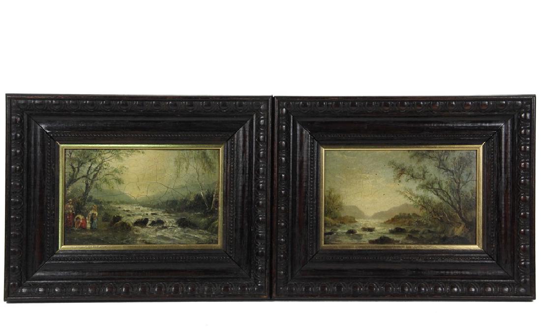 WILLIAM ADOLPHUS KNELL (UK, 1808-1875): Pair of English Riverscapes, one with figures, oil on academy board, both signed lower right, in matching egg and dart frames with gilt liners, OS: 11 1/4" x 14 1/2", SS: 5 1/4" x 8 1/2". Cupped, craz