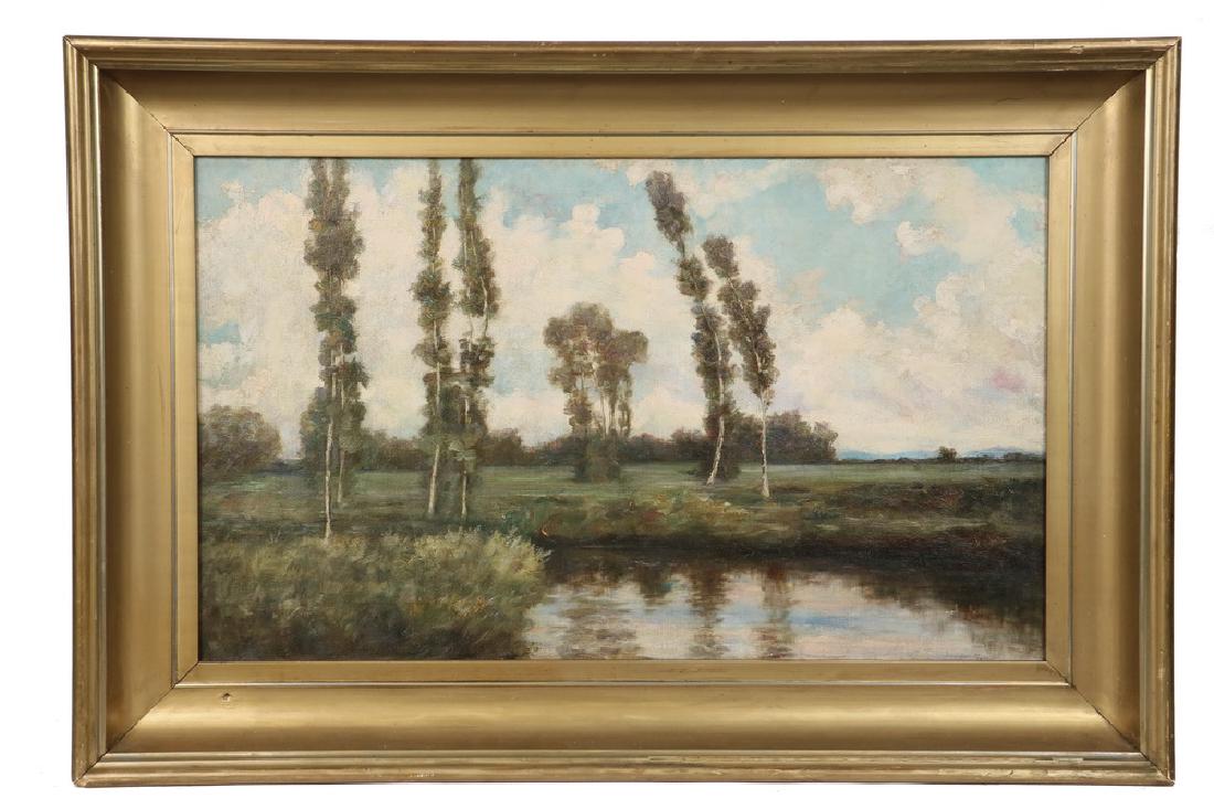 SCHOOL OF HENRI JOSEPH HARPIGNIES (FRANCE, 1819-1916): Barbizon Stream with Birch Trees, oil on canvas, unsigned, late 19th c., in deep cove gold frame, OS: 20- 1/2" x 30- 1/2", SS: 14- 1/2" x 24- 1/2". Cleaned & relined by Peter Williams, Boston conserva
