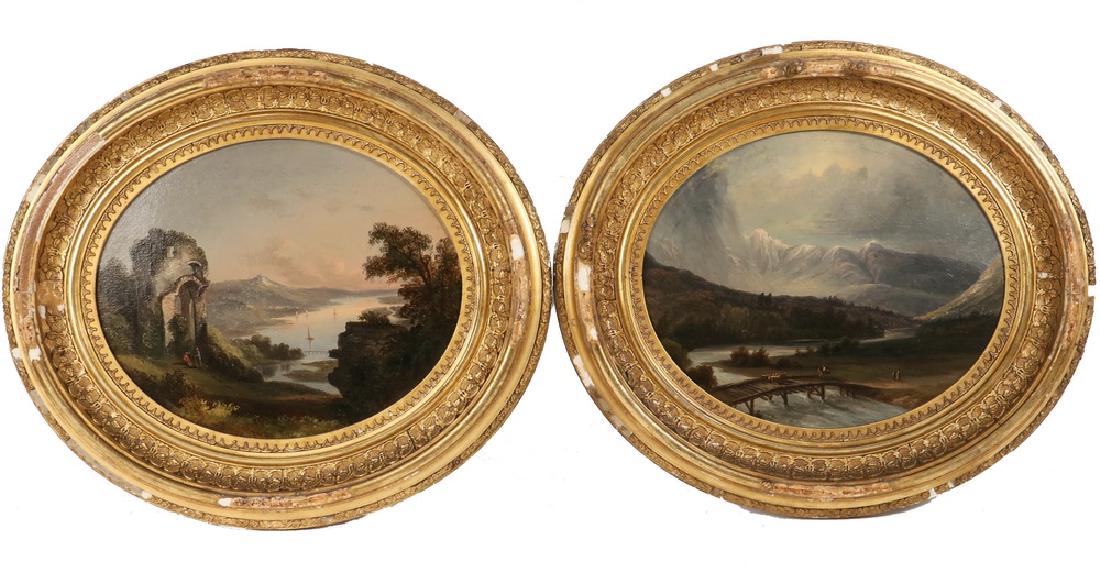 PAIR OF OVAL GERMAN LANDSCAPES: Views of the Danube at Donaustauf, Bavaria, Germany, oil on academy board, late 19th c., identified on back of one "Donaustauf Basin", in original gilt gesso frames, OS: 15" x 17", SS: 9 1/2" x 11 1/2