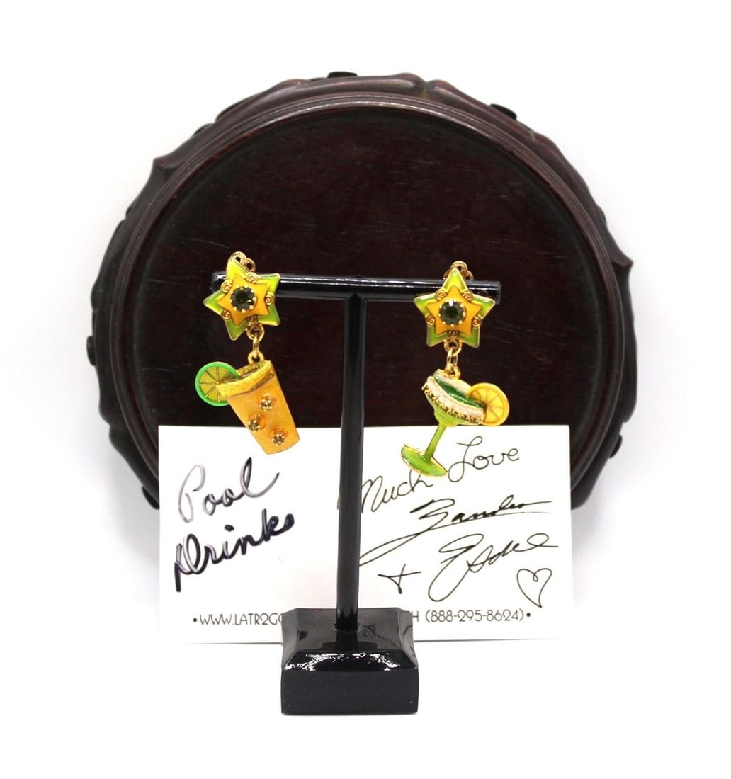 Vintage Lunch at the Ritz LATR2GO 22kt GP Pool Drinks with enamel and crystal fun Clip Earrings (1 of 3)