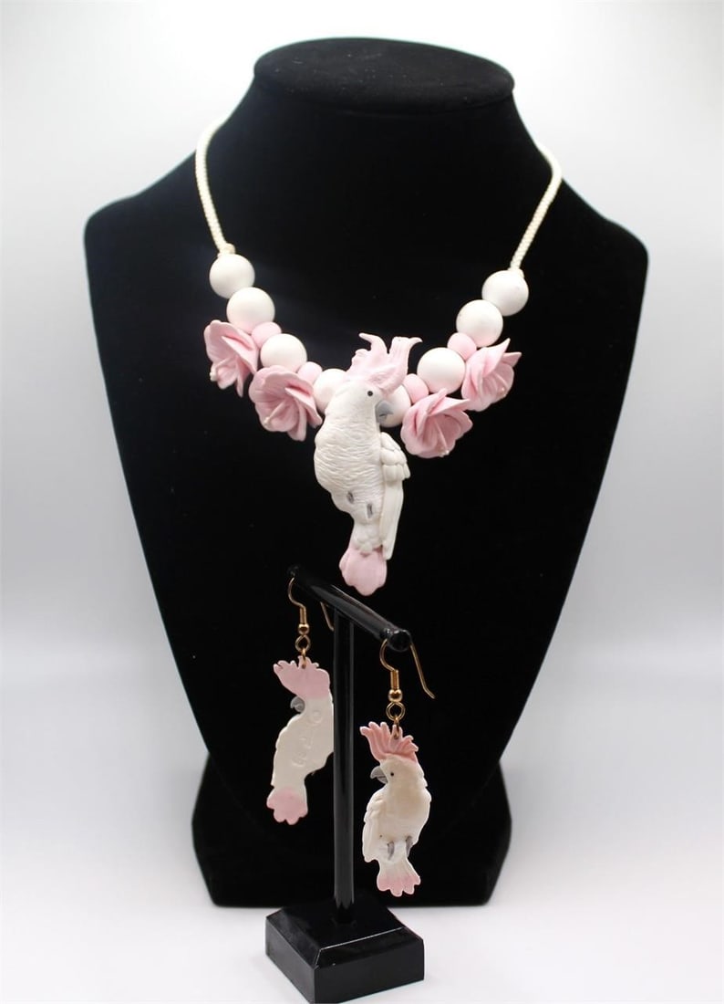 Uniquely designed vintage handcrafted parrot jewelry set of drop earrings and necklace: Uniquely designed vintage handcrafted parrot jewelry set of drop earrings and necklace - the big parrot claws missingDesigner/Brand: CHEF 88Metal Purity: CLAY &Metal: CLAYStone: No stoneWeight: 62.9gr