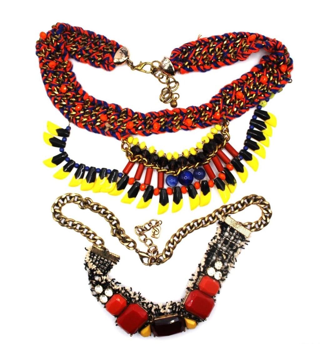 (2) LOTS MULTI COLORED STATEMENT CHOKER: Very Unique 2 lots of Multi Colored Exotic/ Modern Statement Designed Choker - with fabric and beads materialDimensions: 16" & 18"