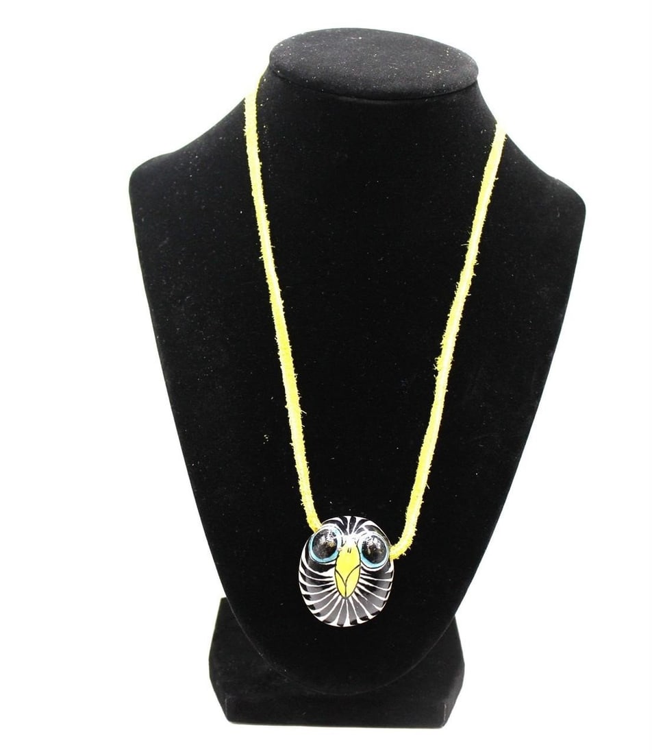 VINTAGE MEXICO CLAY OWL W/ LEATHER NECKLACE: Very cute vintage Mexico clay owl with leather necklace - signed OFT MEXICO . Good overallDimensions:26"L Owl center 2"Lx 1"WWeight: 25 grams