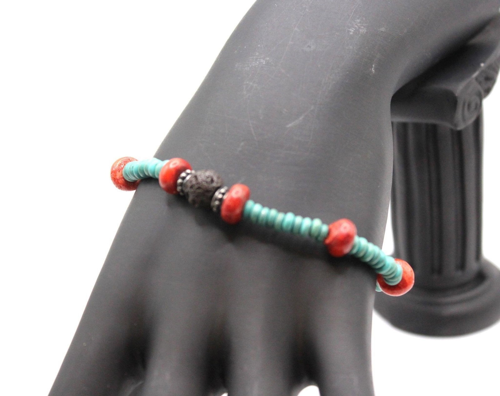 TURQUOISE, STONE & WOOD BEADED BRACELET: Very pretty Turquoise, stone & wood beaded bracelet - signed T or some form of symbol in silver tone setting. With signs of use Designer/Brand: unknownMetal Purity: silver tone settingStone: Turquoise