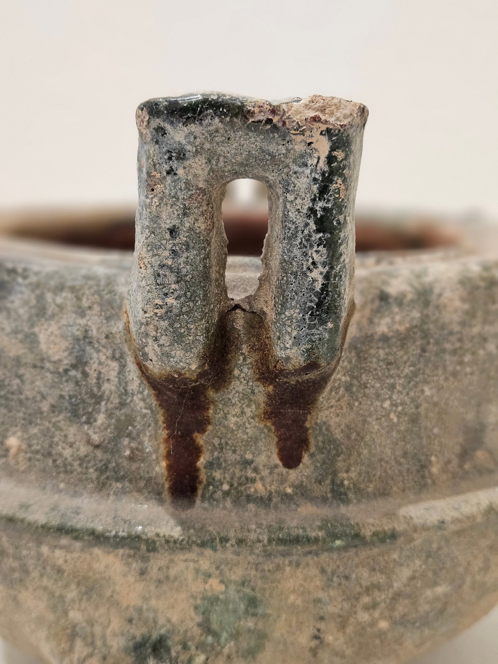 Han Dynasty Green-Glazed Twin-Handled Tripod Ceramic Ding: Han Dynasty Green-Glazed Twin-Handled Tripod Ceramic Ding 5.9"H 6.8"W