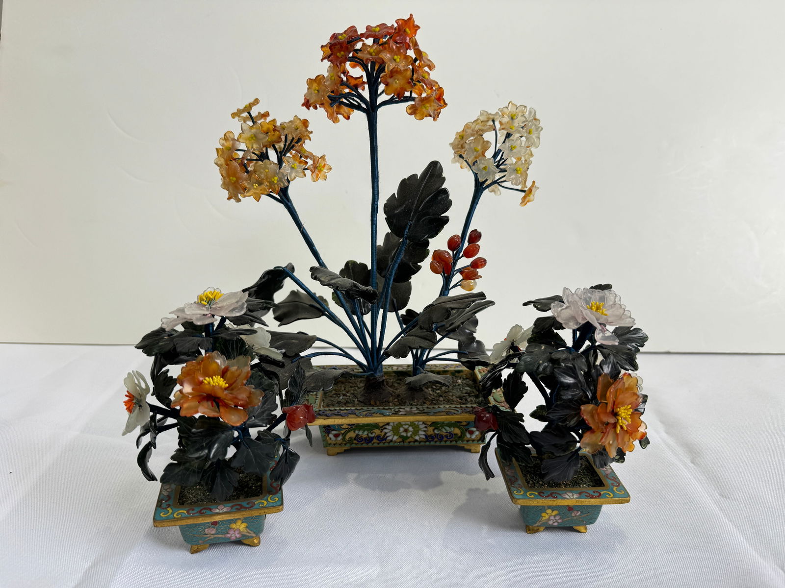 Vintage Chinese Hardstone & Cloisonne Flowering Bonsai Tree, Carved Jade and Quartz (1 of 9)