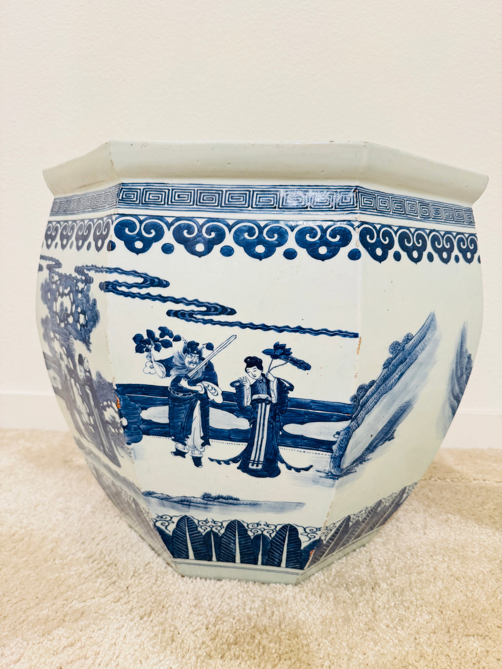 Chinese Ancient Qing Dynasty Porcelain Blue and White Scenic Mountain and Figures Roll Jar (1 of 18)