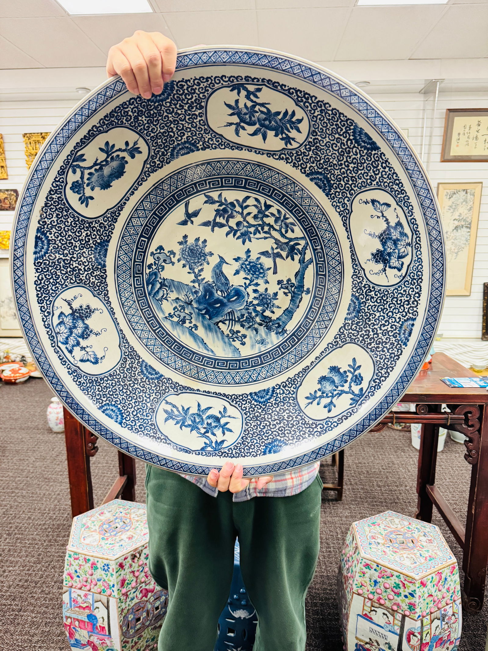 Chinese Antique Blue and White Porcelain Large Plate with Floral, Birds, and Peach Motif (1 of 6)