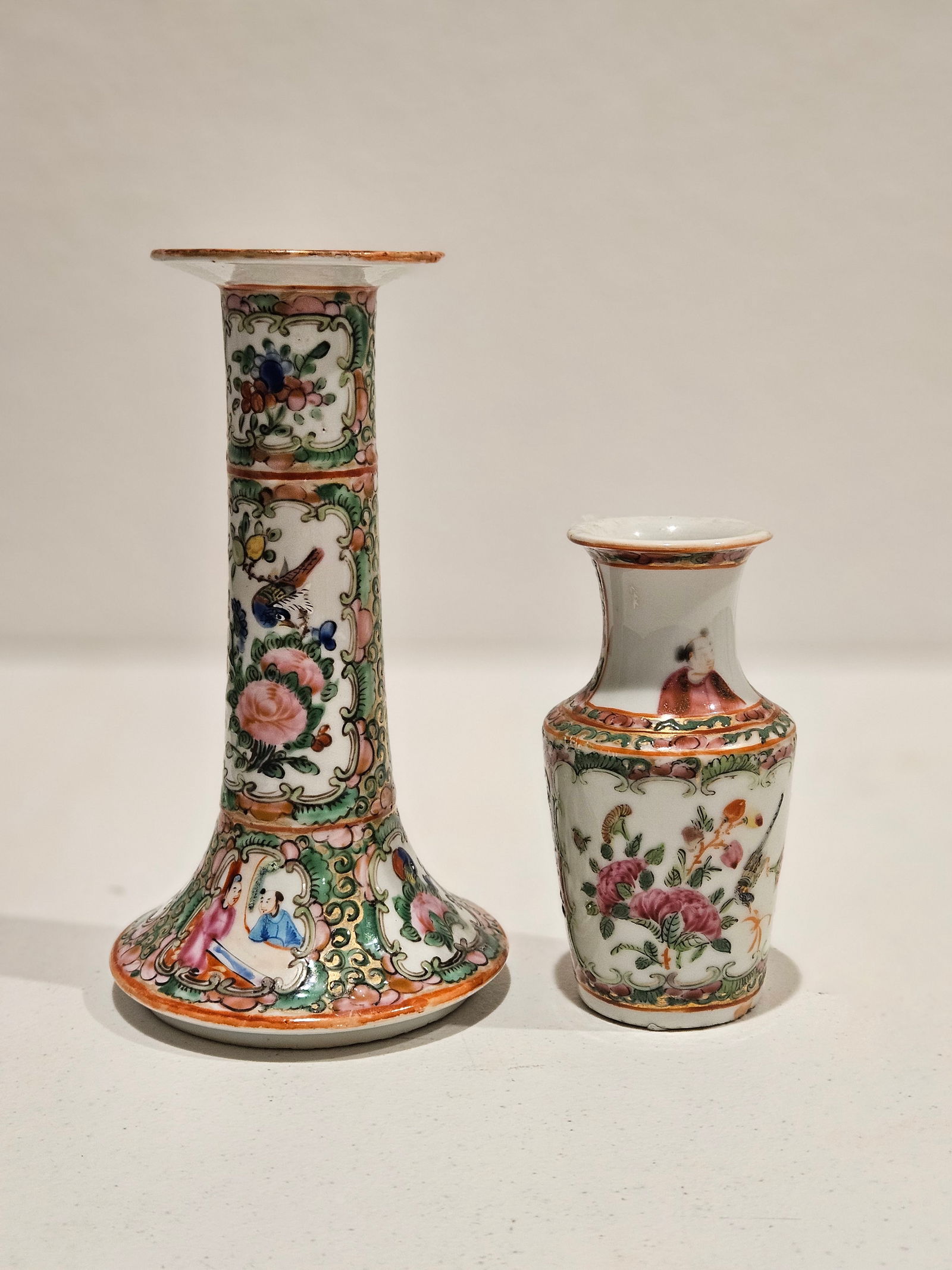 Antique Chinese Late Qing Dynasty rose medallion Candlestick and Small Bottle (1 of 6)