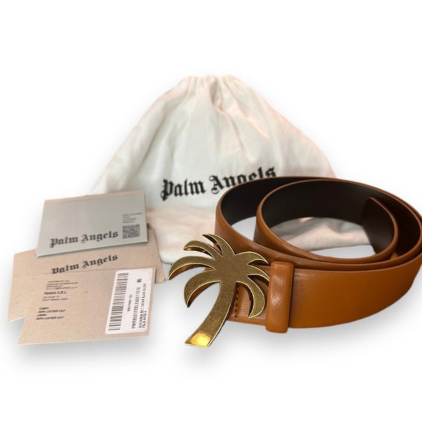 Palm Angels Palm Buckle Leather Belt (Size 80): • Palm Angels • Brown Saffiano Leather • Palm Tree Golden Effect Buckle • Size: 80 (Total Length: 95CM) • 100% Calfskin Leather • P607473 • Original Dust Bag Include
