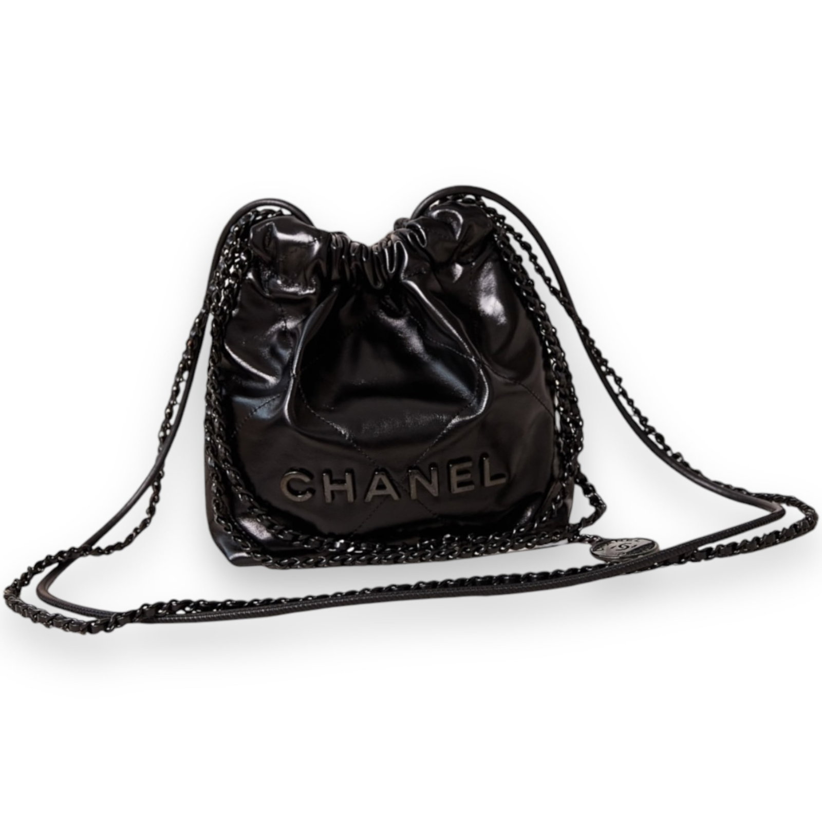 CHANEL Black On Black Shiny Calfskin 22 Mini (1 of 12)