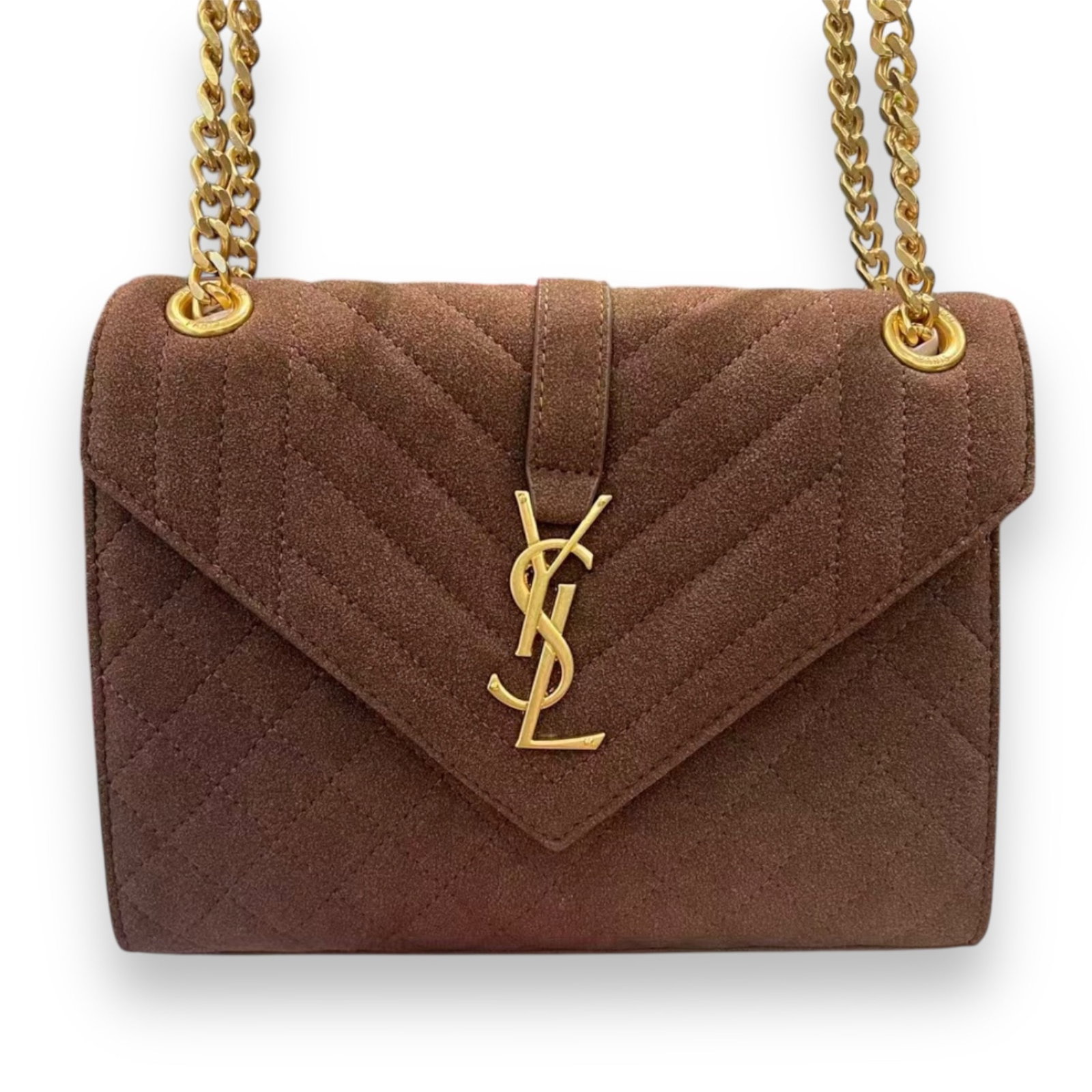 YSL (Saint Laurent) Brown Envelope Shoulder Beaute Bag: • YSL (Saint Laurent) • 9.5" x 7.5" (in) • Brown • Gold Tone Hardware • Magnetic Snap Closure • Envelope Shoulder Bag • Front YSL Logo • Original Box Included &