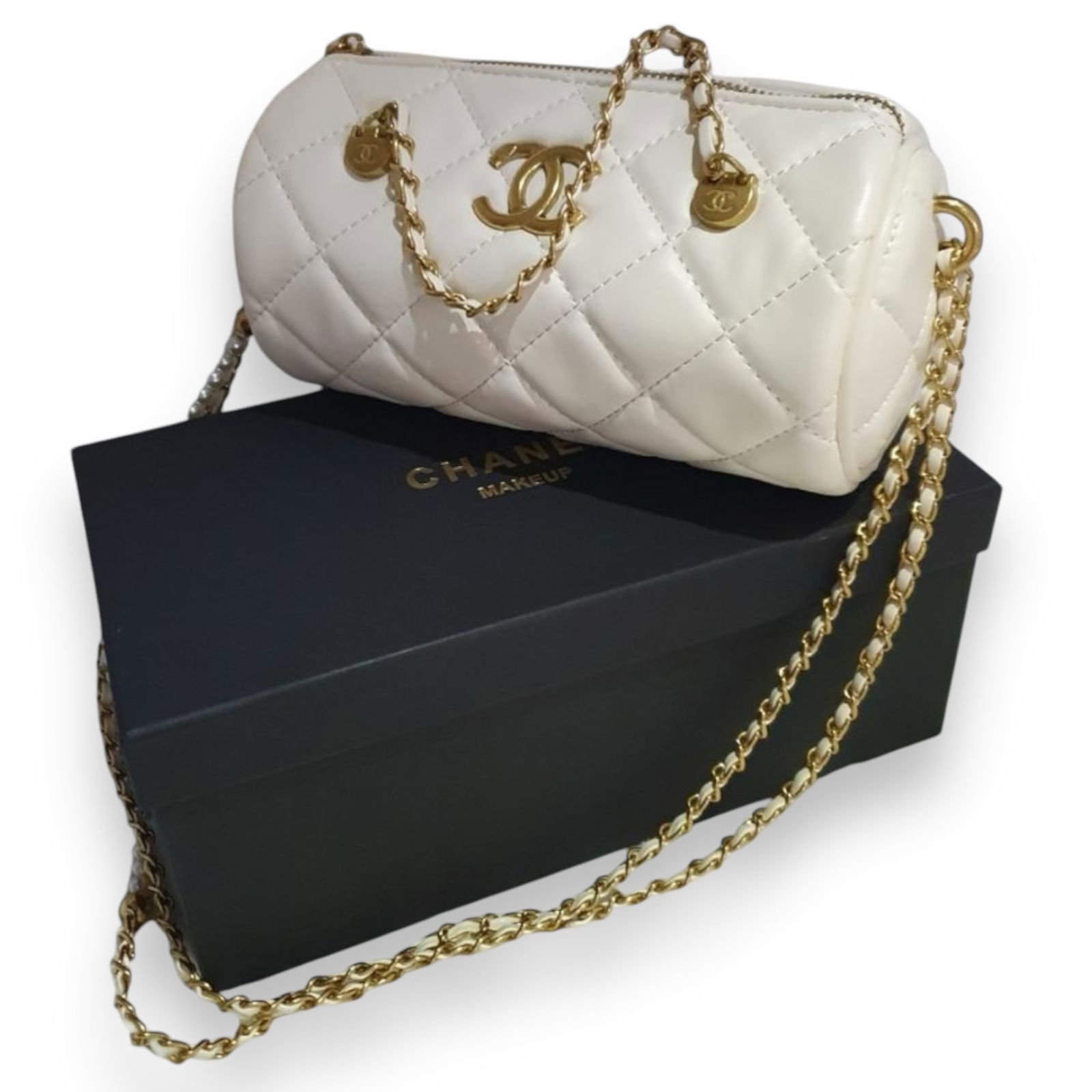 CHANEL White/Gold 2Way Carry Beaute Pillow Bag (1 of 9)