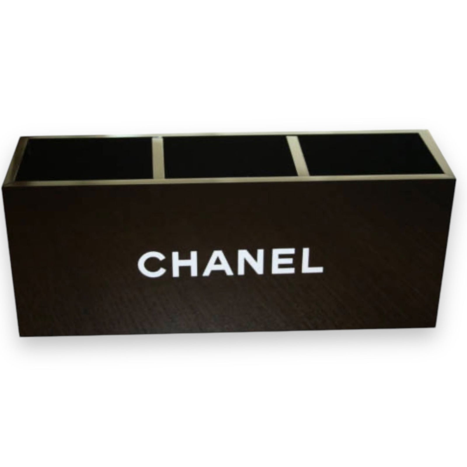 CHANEL 3 Slot Black & White Acrylic Brush Holders: • CHANEL • Black • White Front CHANEL Logo • 7" x 7" x 3" (in)• 3 Separated Compartments• Original Box Included • Square