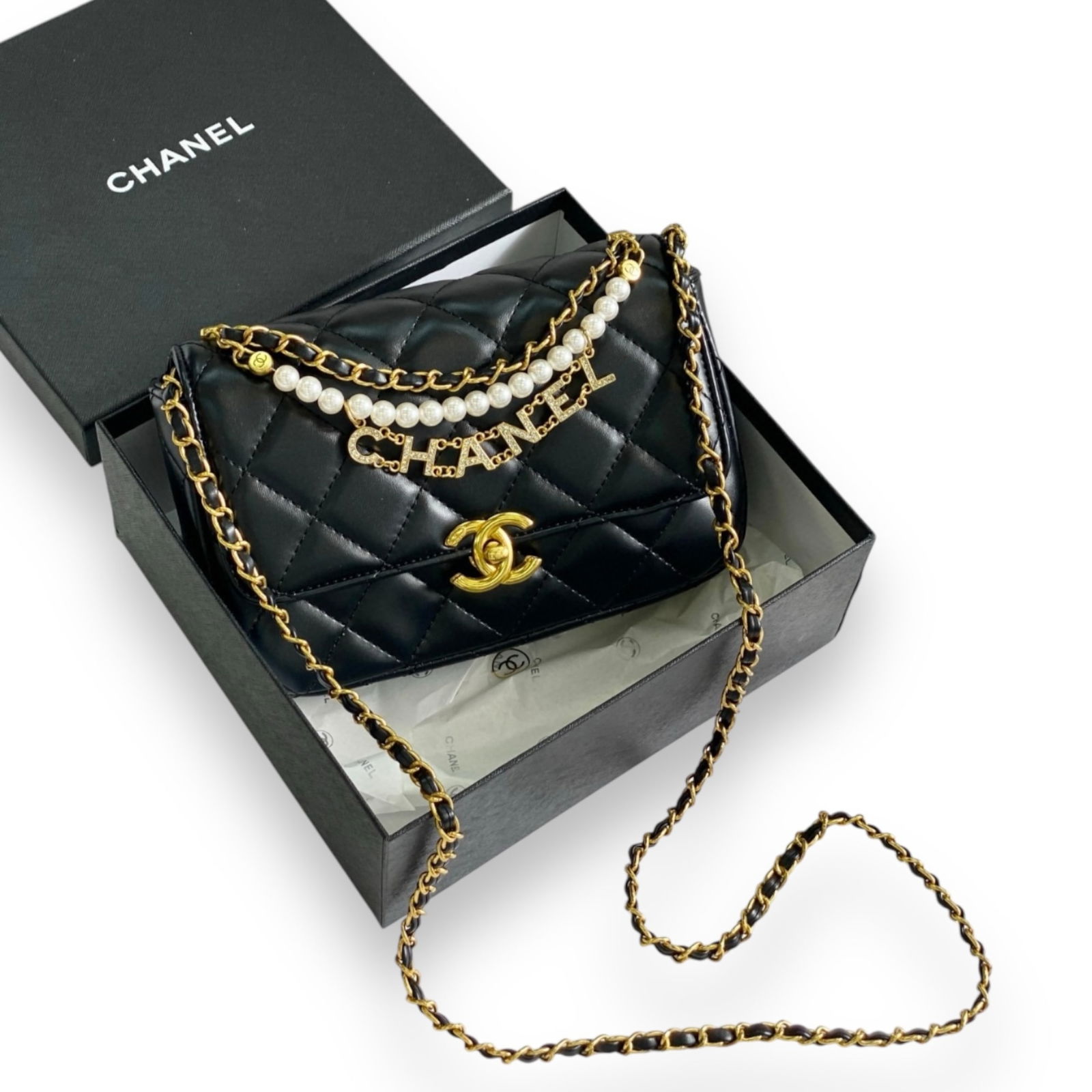Black Quilted CHANEL Mini Pearl Twist Flap Beaute Bag (1 of 10)