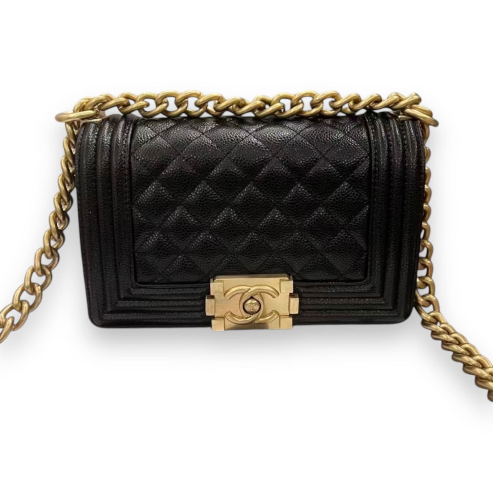 CHANEL Quilted Black & Gold Beaute Boy Bag: • CHANEL• Black• Quilted Pattern• Boy Bag• 8” x 5” x 4” in • Signature Push Lock Closure• Shoulder Carry• Single Chain Strap• Gold Tone H