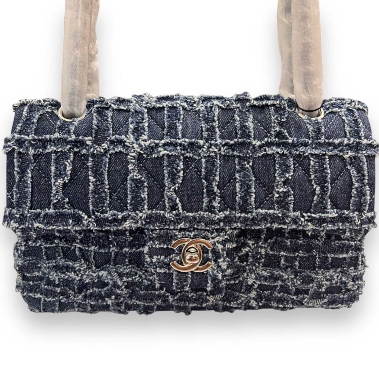CHANEL Tweed Blue/White Medium Double Flap Beaute Bag & Box (1 of 8)