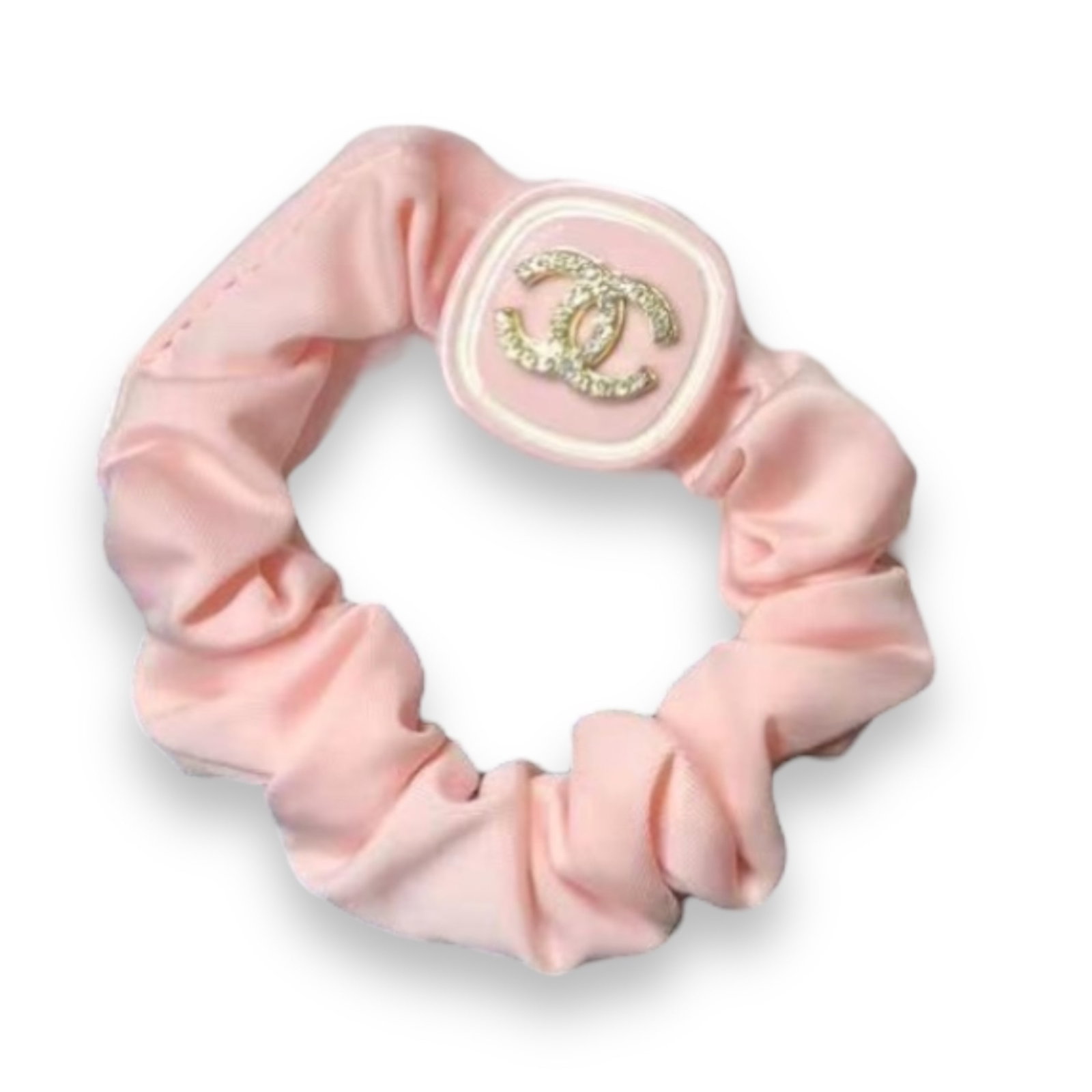 CHANEL Pink/White CC Rhinestone Logo L.A Collection Hair Tie/Scrunchy: • CHANEL • Pink• Square Logo Shape• Gabriella• L.A Collection• Hair Tie/Scrunchy • White Trim• White Rhinestone Covered CHANEL Logo• Unopened/In Original P