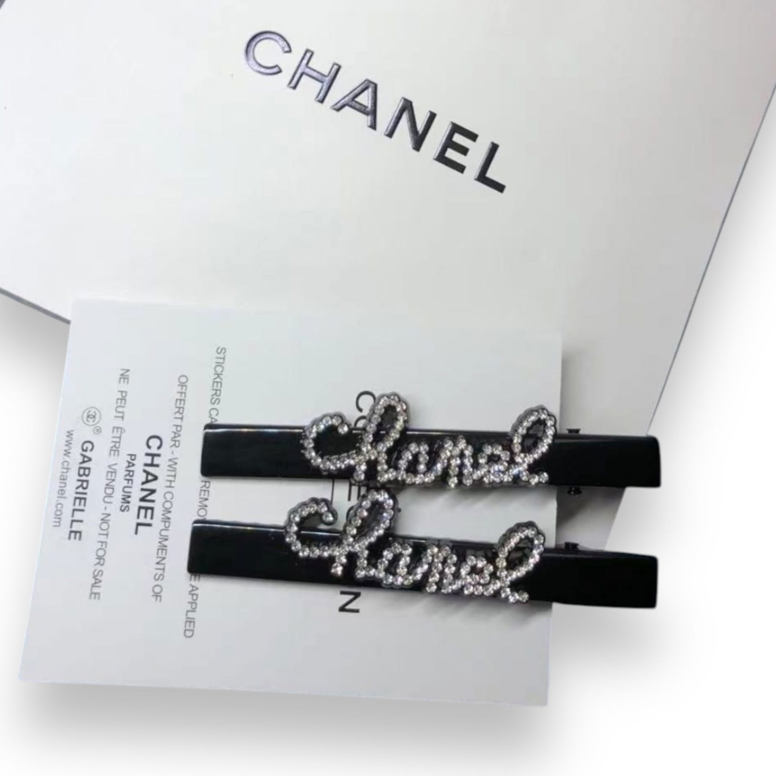 CHANEL 2Pc Black/White Rhinestone CC Logo L.A Collection Hair Clips (1 of 3)