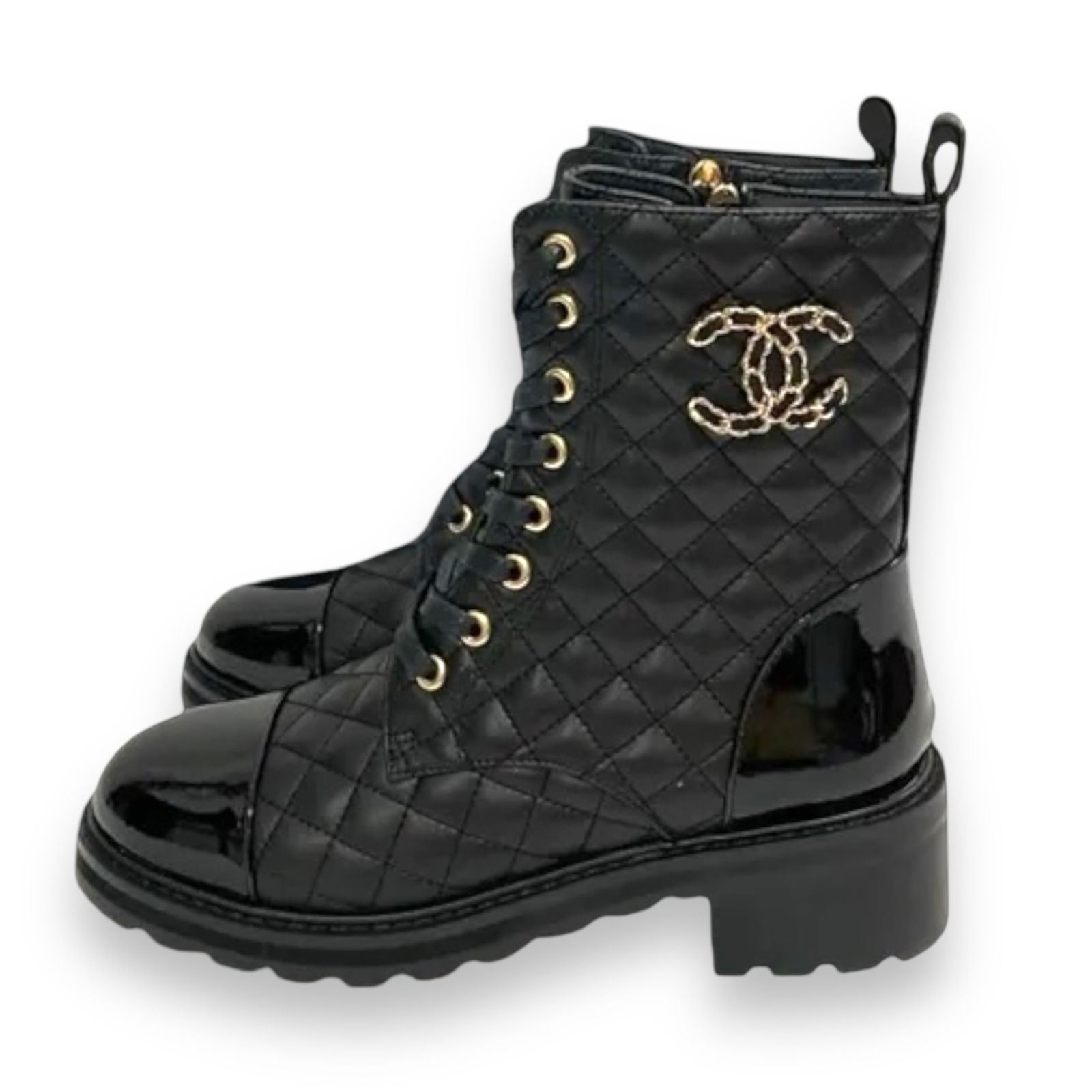 CHANEL Size. 9 Quilted Black/Gold Intertwined CC Logo Beaute Combat Boots (1 of 4)
