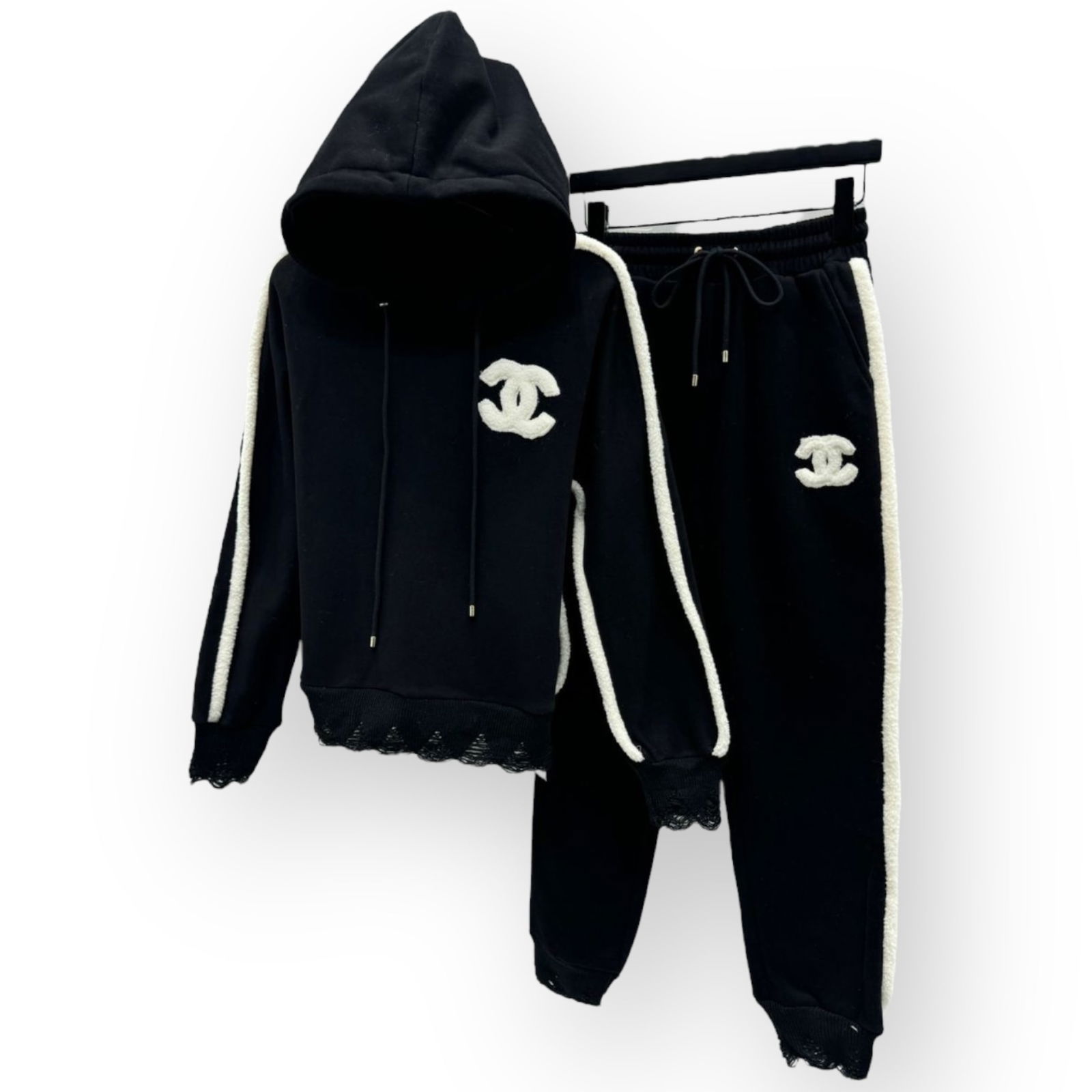 CHANEL Women's 2Pc Set Black & White Lace Sleeves Sweat Suit (1 of 6)