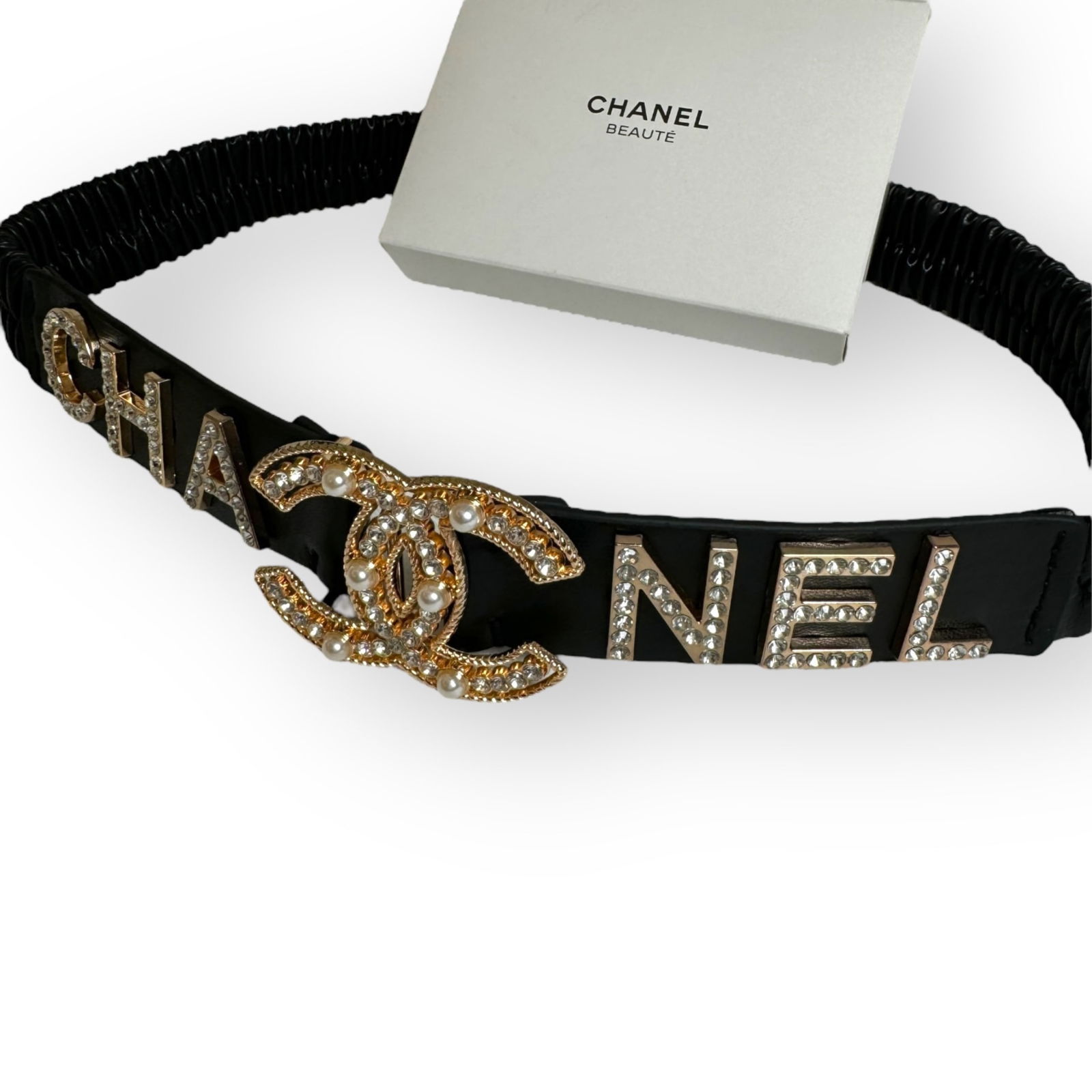 CHANEL Pearl, White, & Gold Rhinestoned Front CC  Beaute Belt & Box (1 of 5)