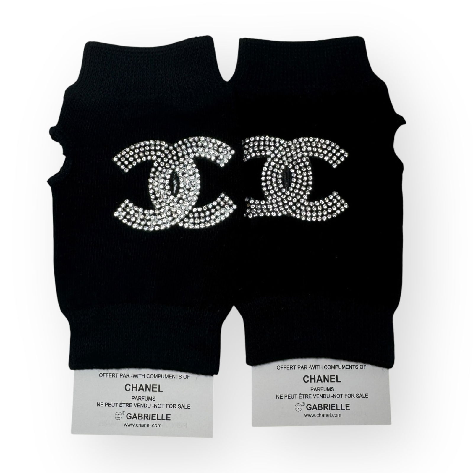 CHANEL Gabrielle Black White Rhinestone CC Logo Gloves/Handwarmers: • CHANEL • Black • Gabrielle • White Rhinestone CC Logo • Handwarmer/Gloves • Open Finger • One Size • L.A Collection