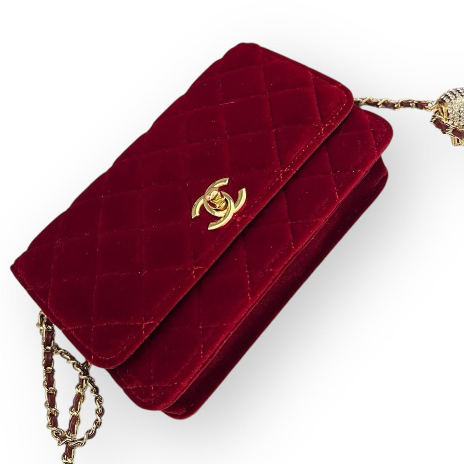 CHANEL Red Quilted Velvet Pearl Crush Mini Flap Bag & Original Box: • CHANEL • Red • Velvet • Quilted Pattern • Pearl Crush Mini Flap Bag • Gold Tone Hardware • Signature Front CC Logo Twist Lock Closure • Intertwined Leather Ch