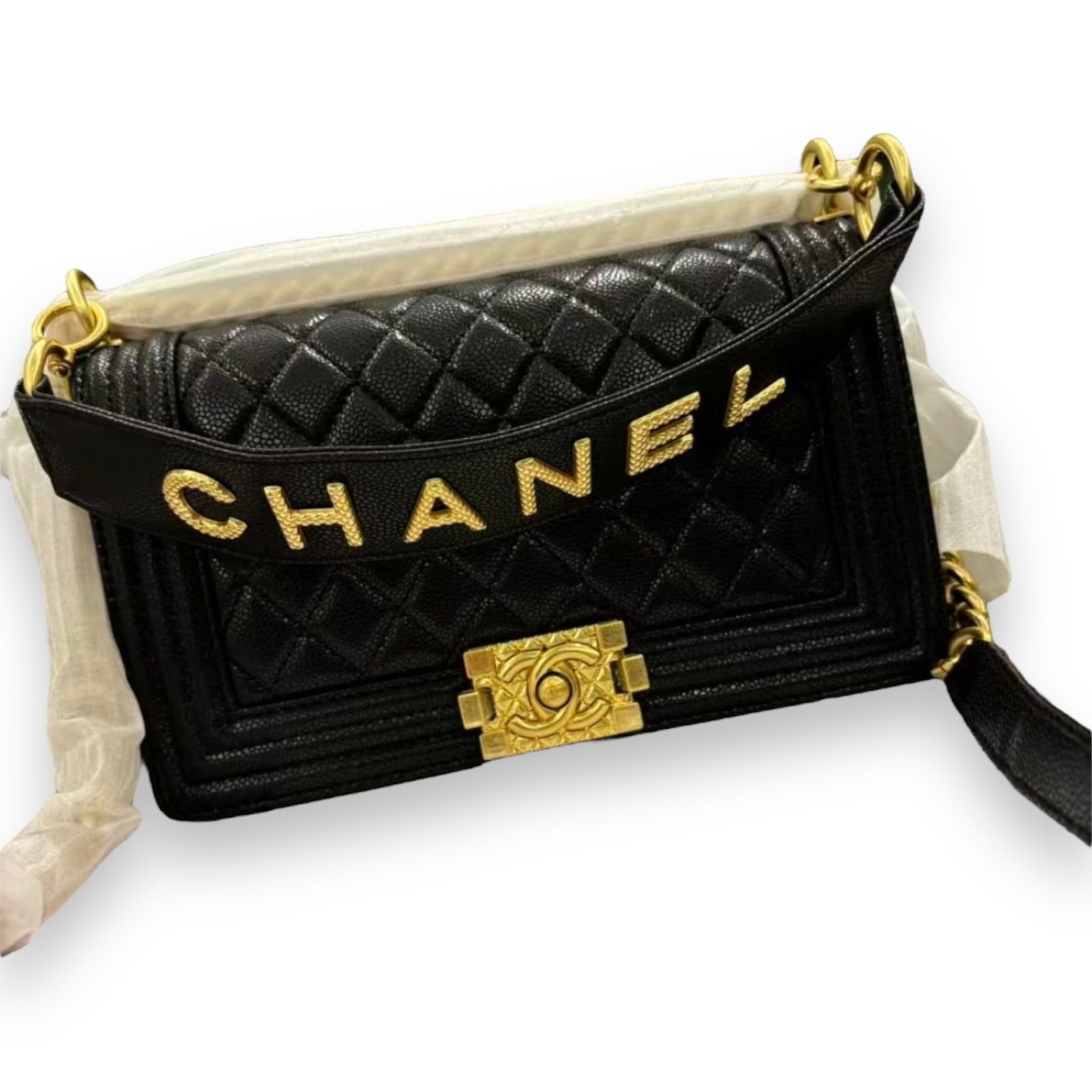 CHANEL Top Logo Black & Gold Le Boy Beaute Bag: • CHANEL• Black• Quilted Pattern• Boy Bag• 8” x 5” x 4” in • Signature Push Lock• Shoulder Carry• Gold Tone Hardware• Original Box & Dust
