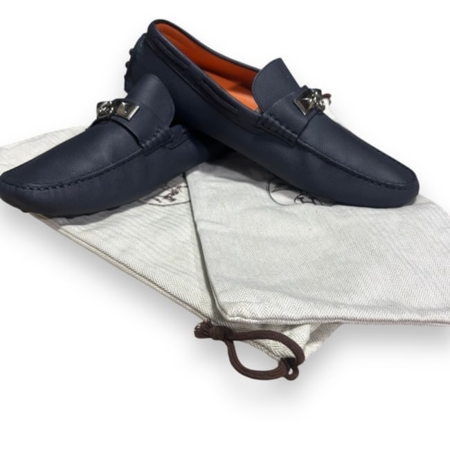 Men’s Hermes Irving Loafers US Size 11.5: • Hermes • Irving Loafers • Navy Blue • Run A Little Small • US Men’s Size. 11.5 • Original Dust Bags Included • Slip On • Hand Stitched Apron •Palladium