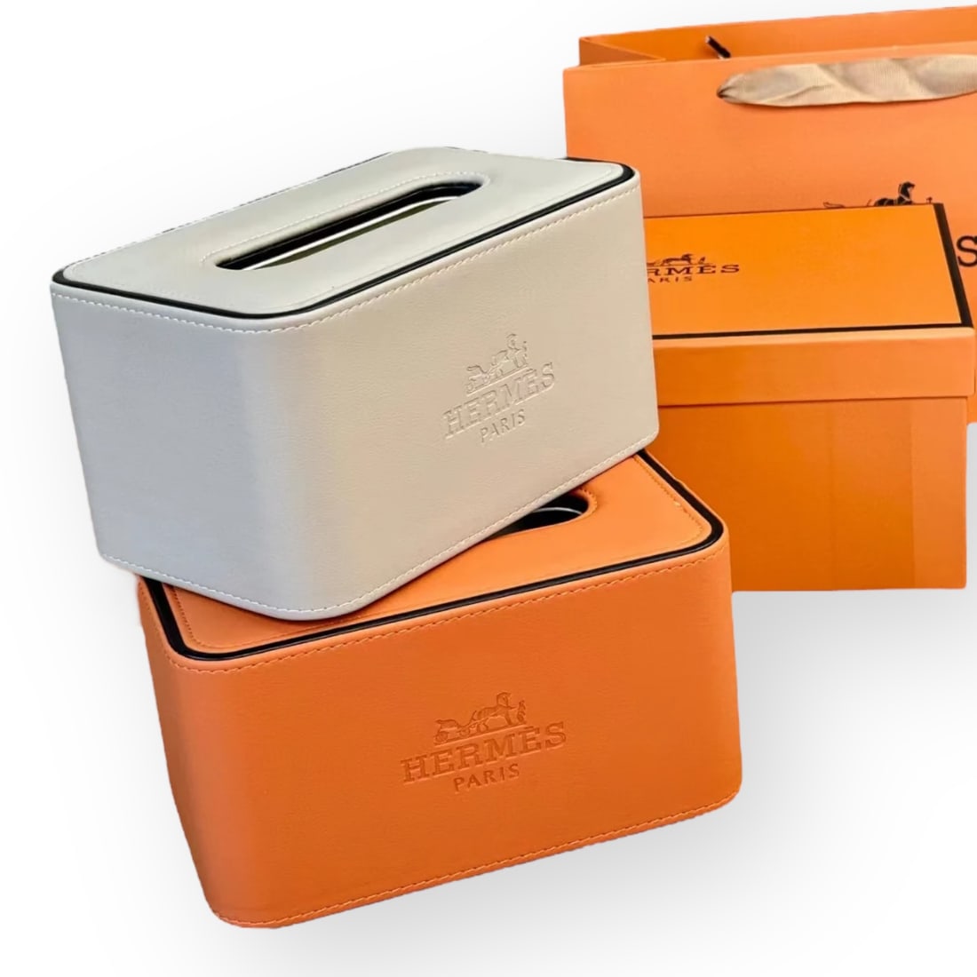 Hermes Tissue Box Cover In Orange Or White: • Hermes • Tissue Box Cover • Available In Orange Or White • Will Contact Winning Bidder After Auction To Get Preferred Color Choice • 7.5" x 5" (in)