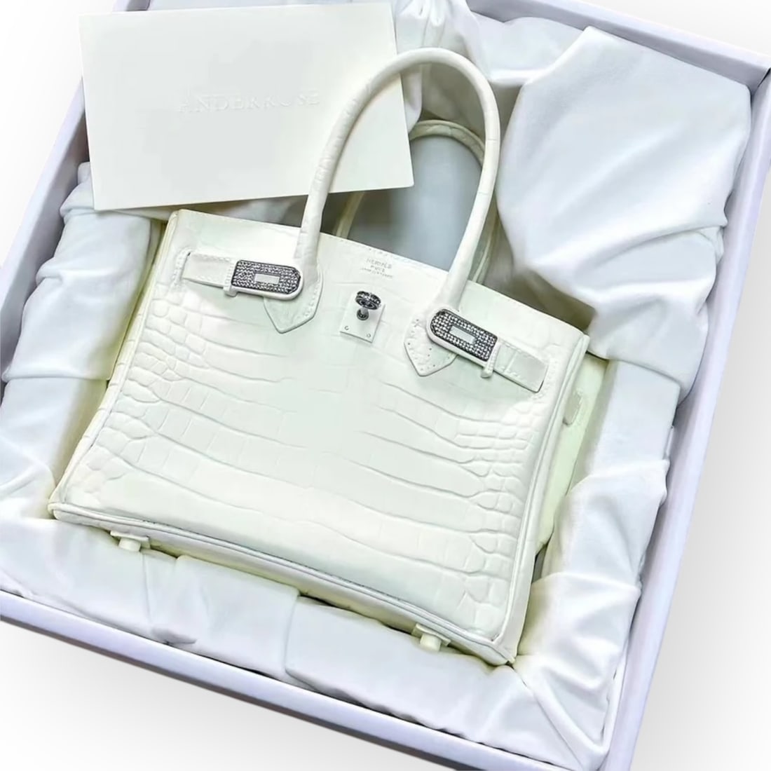 Hermes White Birkin Bag Flower Vase With Rhinestone Buckle: • White • Hermes Flower Vase • Birkin Bag • Crystal Covered Buckle