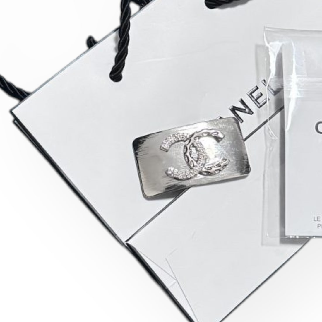 CHANEL Silver & White Rhinestone/Detailed CC Logo Wide Rectangle L.A Collection Hair Clip: • CHANEL • Gabrielle • Silver • Hair Clip • White Rhinestone/Detailed CC Logo • Silver Tone Hardware • Wide Rectangle • L.A Collection • Unopened/In Origin