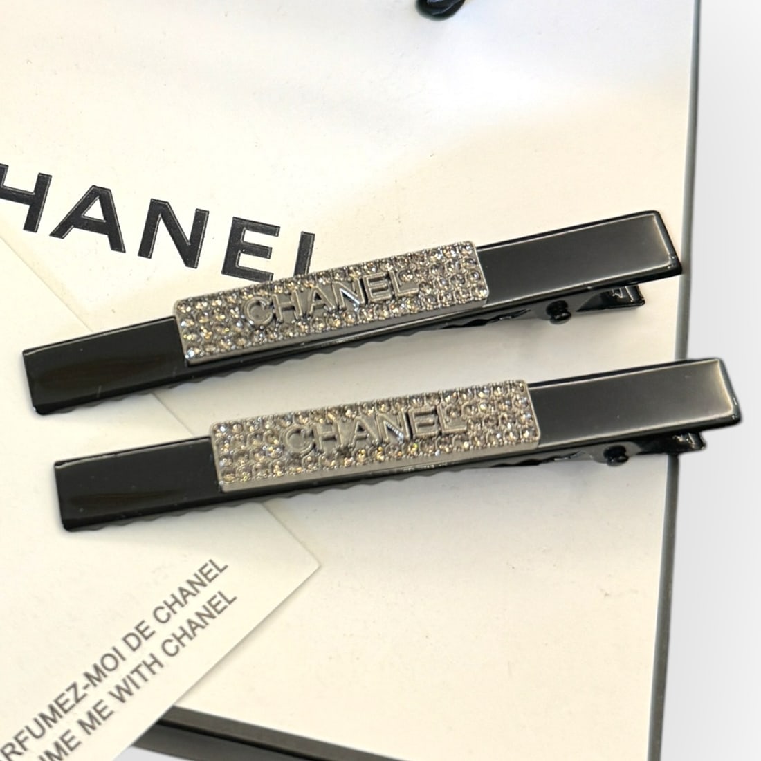 CHANEL 2Pc Set Black/Rhinestone Covered CHANEL Logo Long Rectangle L.A Collection Hair Clip (1 of 2)