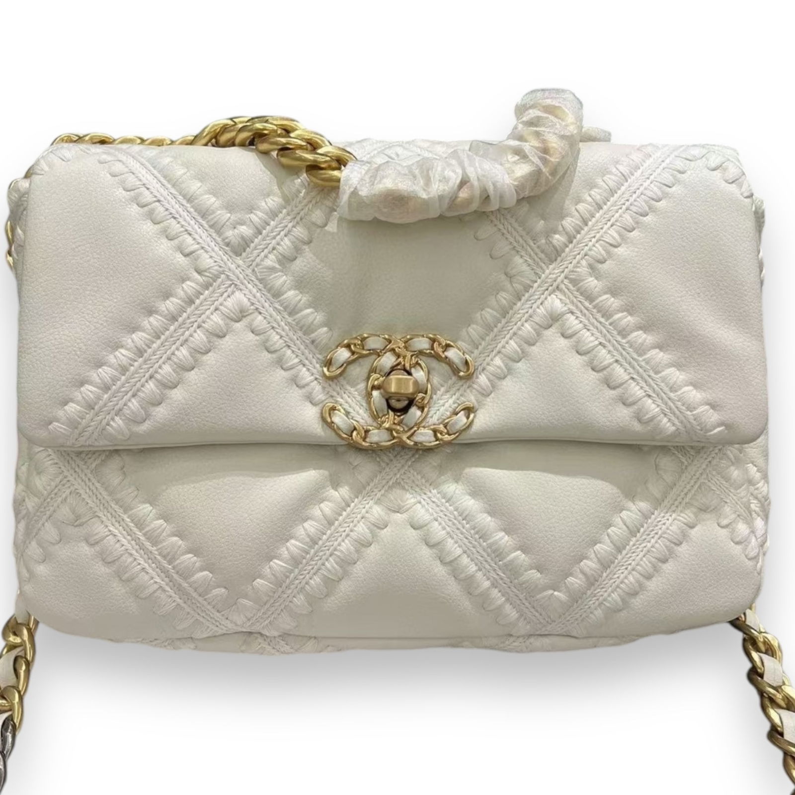 White CHANEL 19 Beaute Shoulder Bag & Original Box: • CHANEL• White• 19 SB• Gold & Silver Tone Hardware• 10.2” x 7” x (in)• Original Box & Dust Bag Included• Signature CC Twist Lock Closure• Intertwin
