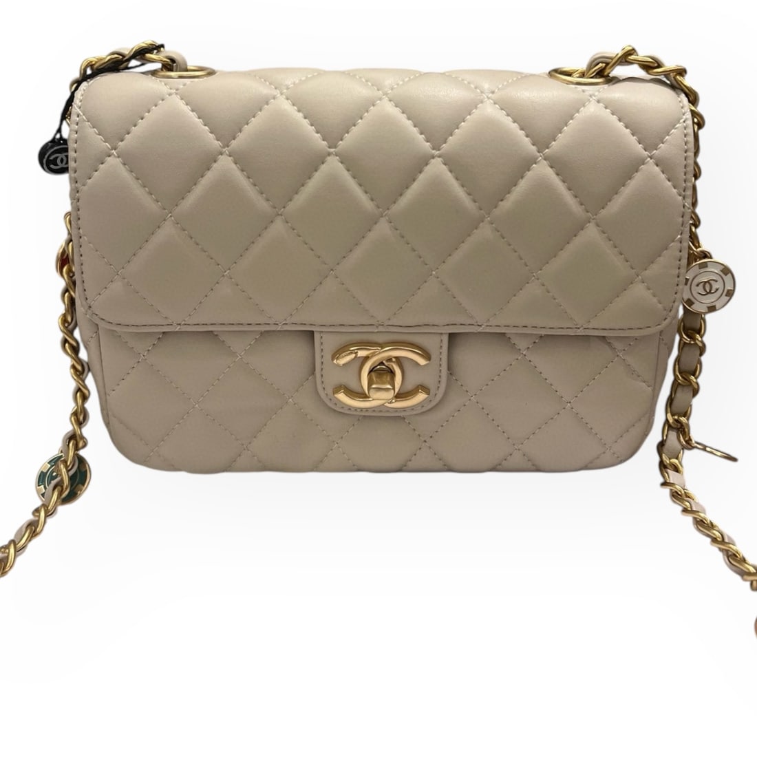CHANEL Beige Pearl Crush Square Mini Flap W/ Charms Beaute Bag & Original Box (1 of 8)