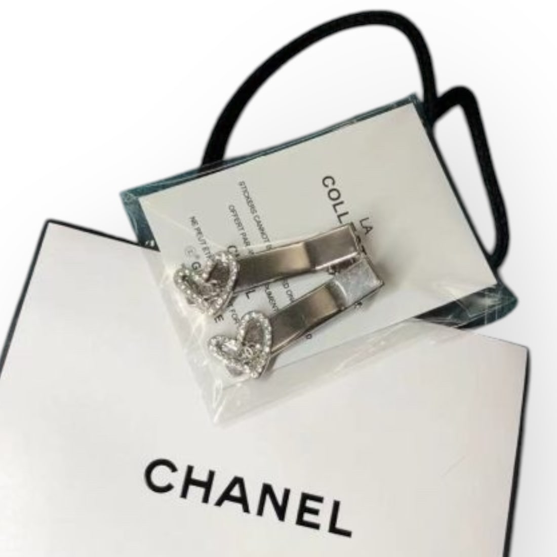 CHANEL 2Pc Set Silver/White Rhinestone Heart Rectangle L.A Collection Hair Clips (1 of 2)