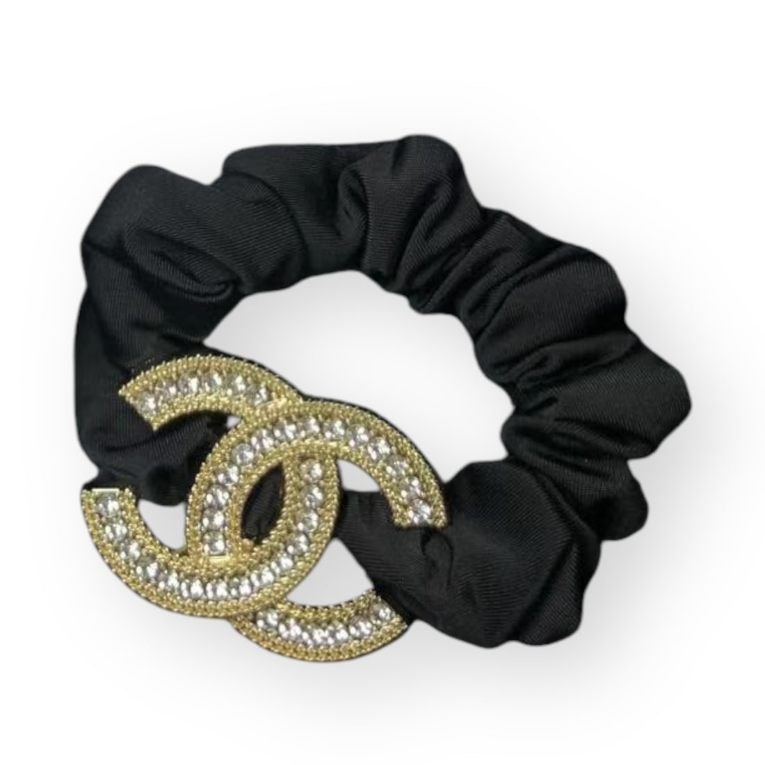 CHANEL White Rhinestone Accented Gold CC L.A Collection Hair Scrunchy: • CHANEL • Gabrielle • White Rhinestone Accented • Gold CC Logo • Black Scrunchy • L.A Collection • Unopened/In Original Packaging • CHANEL Gift Bag Included