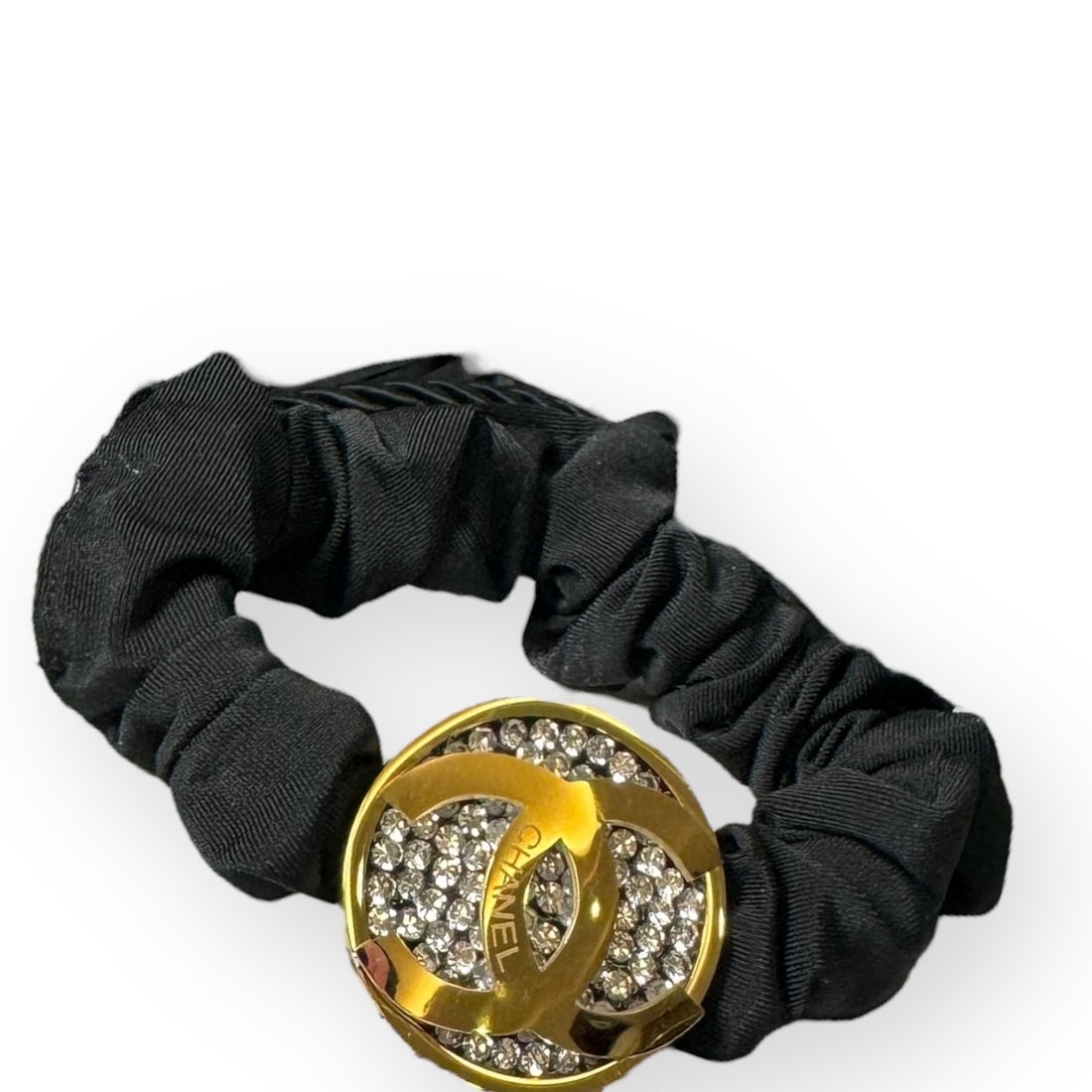 CHANEL White Rhinestone Gold Accented Round CC L.A Collection Hair Scrunchy (1 of 4)