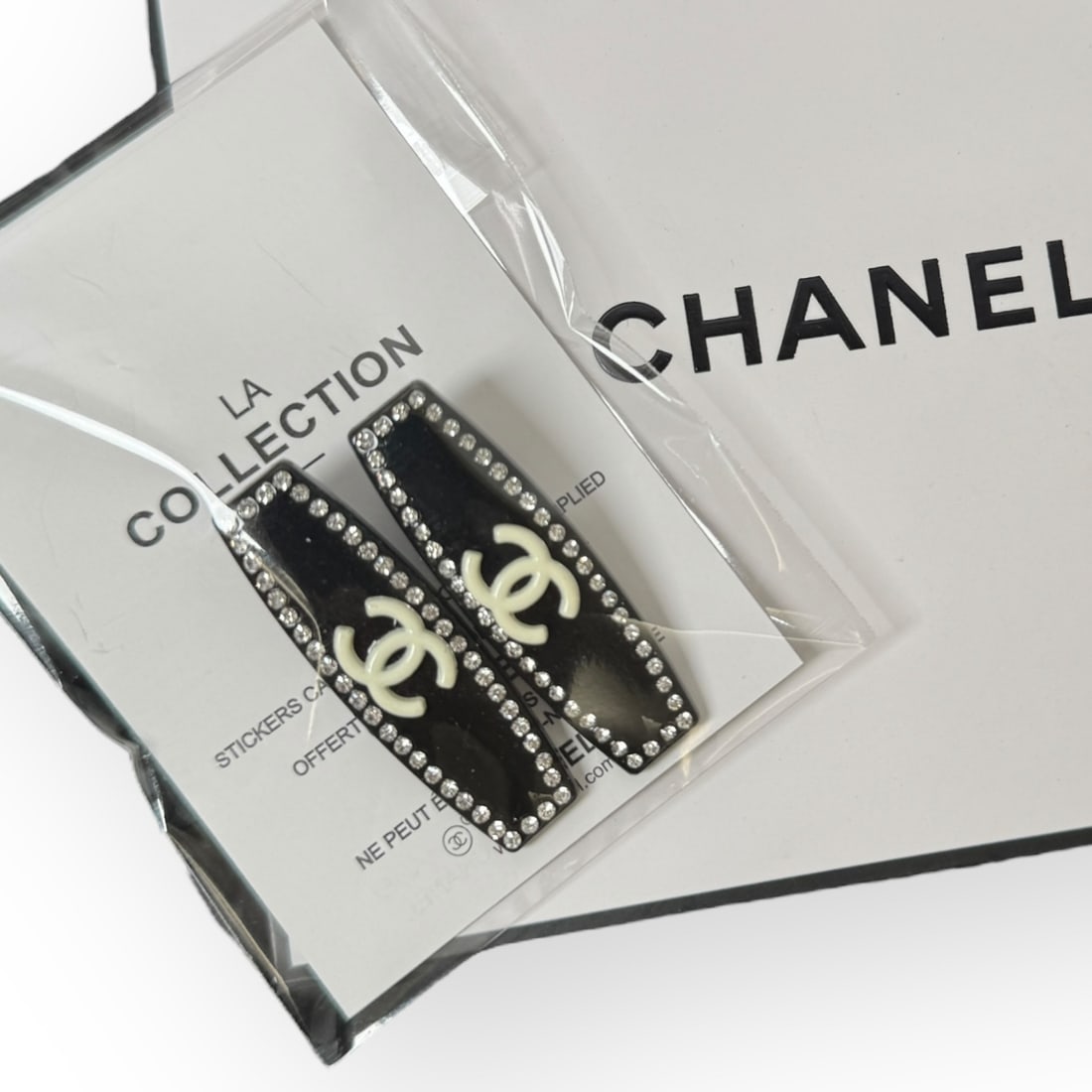 CHANEL 2PC Black/White Rhinestone CC Rectangle L.A Collection Hair Clips (1 of 3)