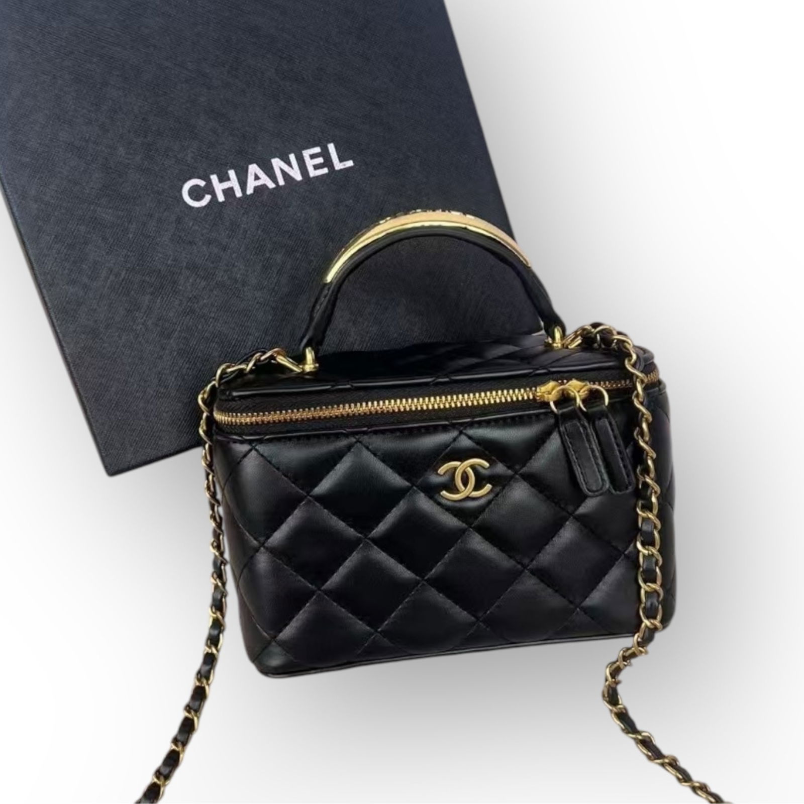 CHANEL Black Quilted Top Handle Vanity Case W/ Mirror On Chain & Original Box (1 of 9)