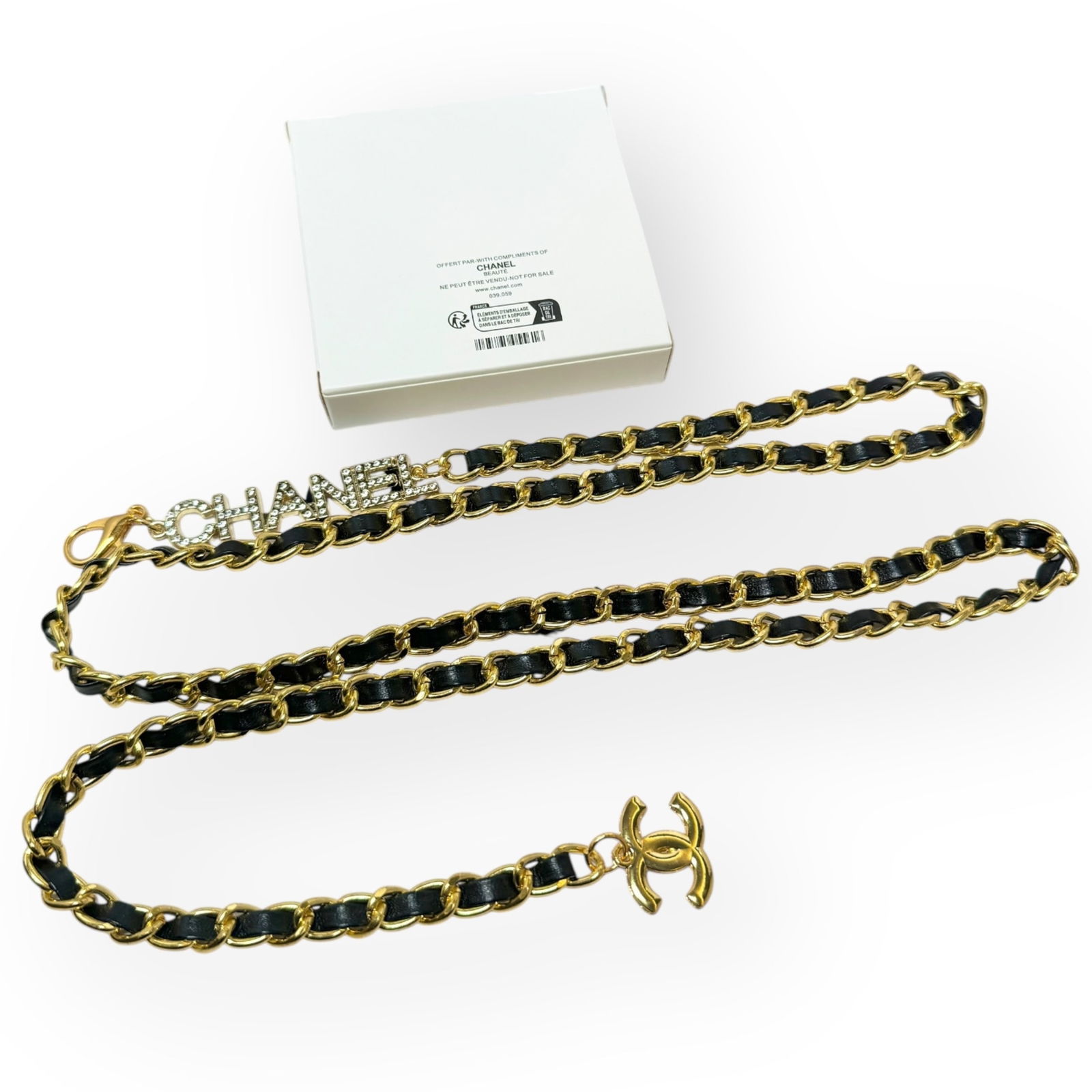 CHANEL Belt Adjustable Black/Gold & White Rhinestone Covered CHANEL Logo Beaute Belt & Box (1 of 4)