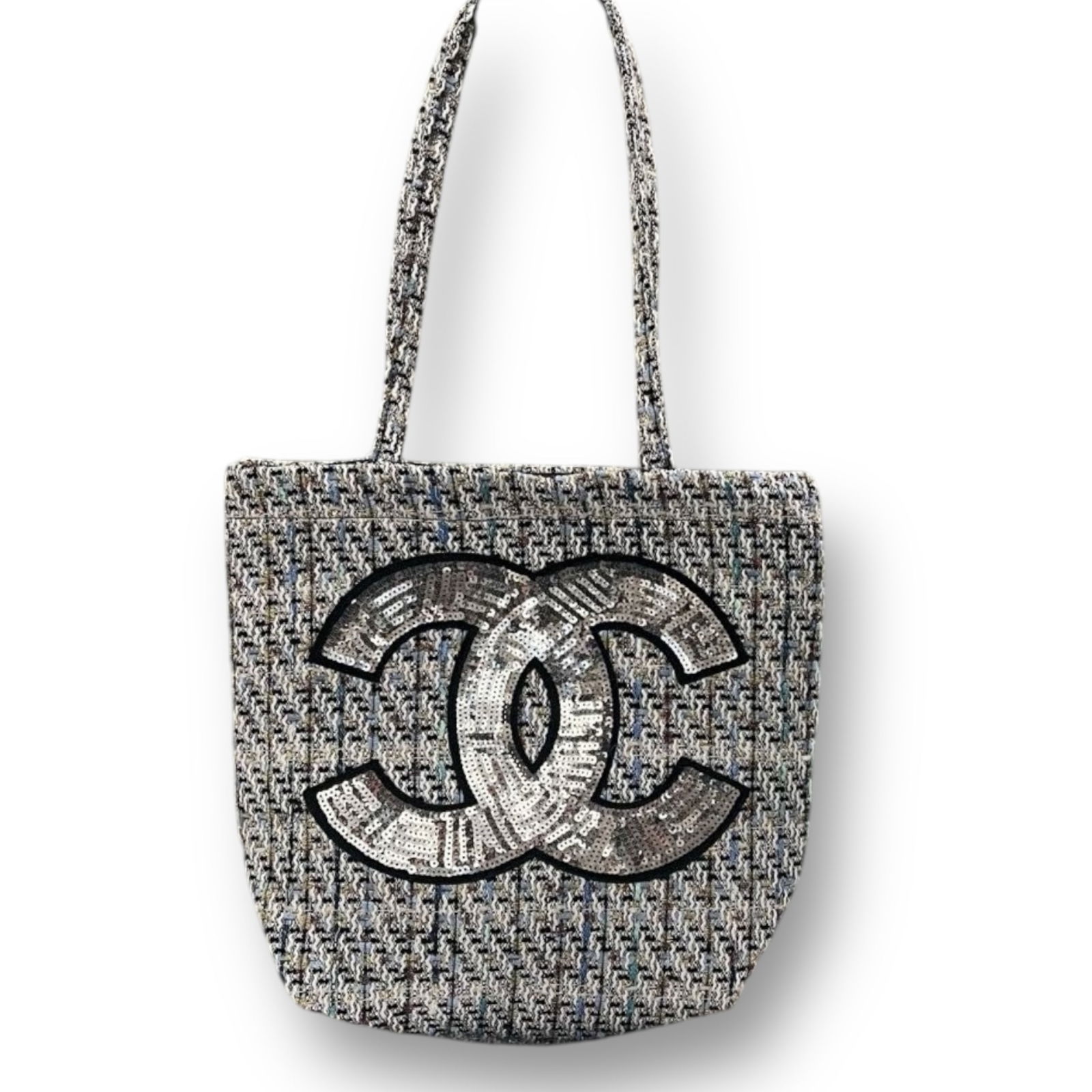 CHANEL Black & White Silver Sequined Front CC Logo Beaute Tote (1 of 7)